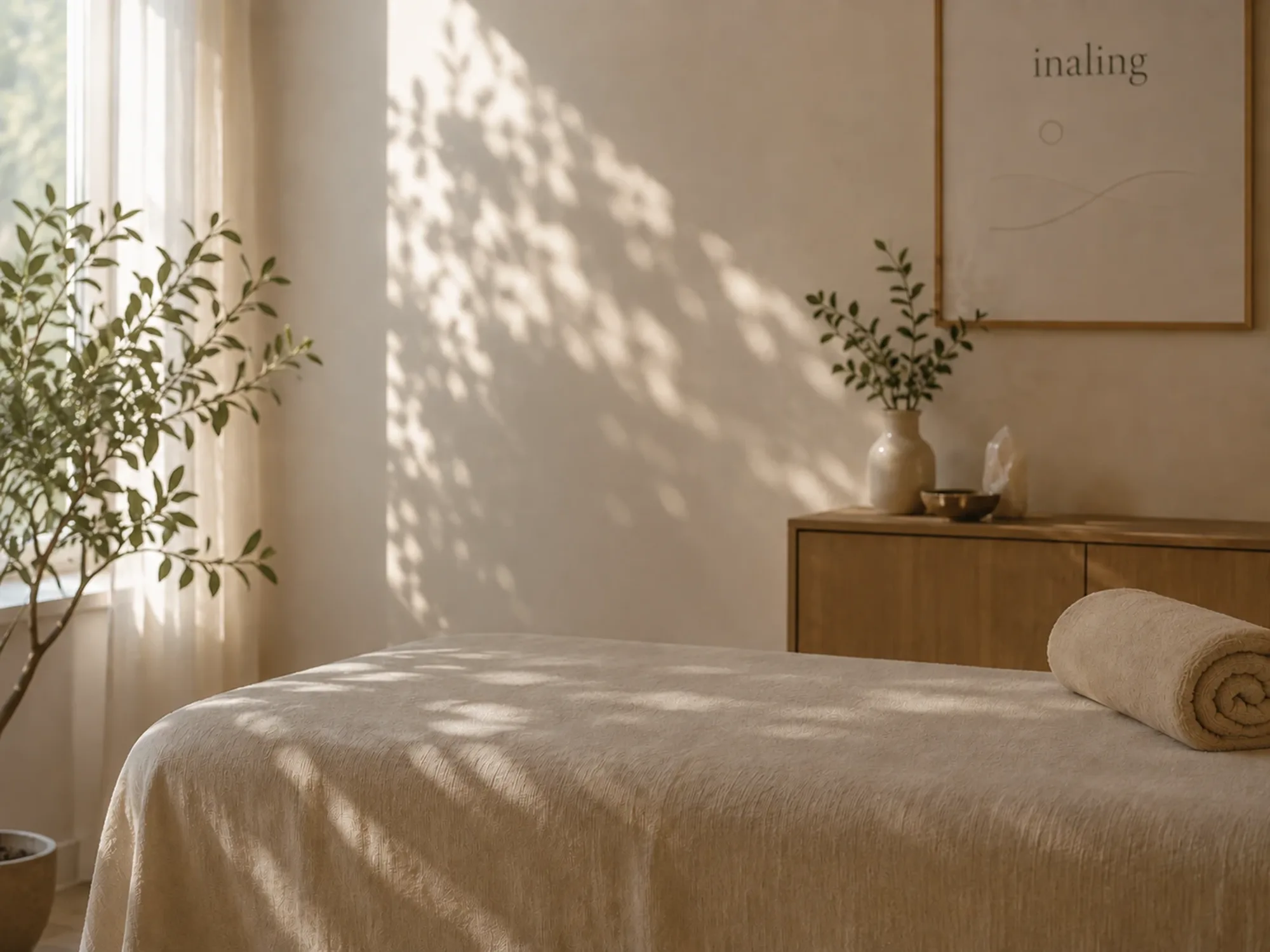 Behandlungsraum von inaling mit Massageliege im warmen Licht